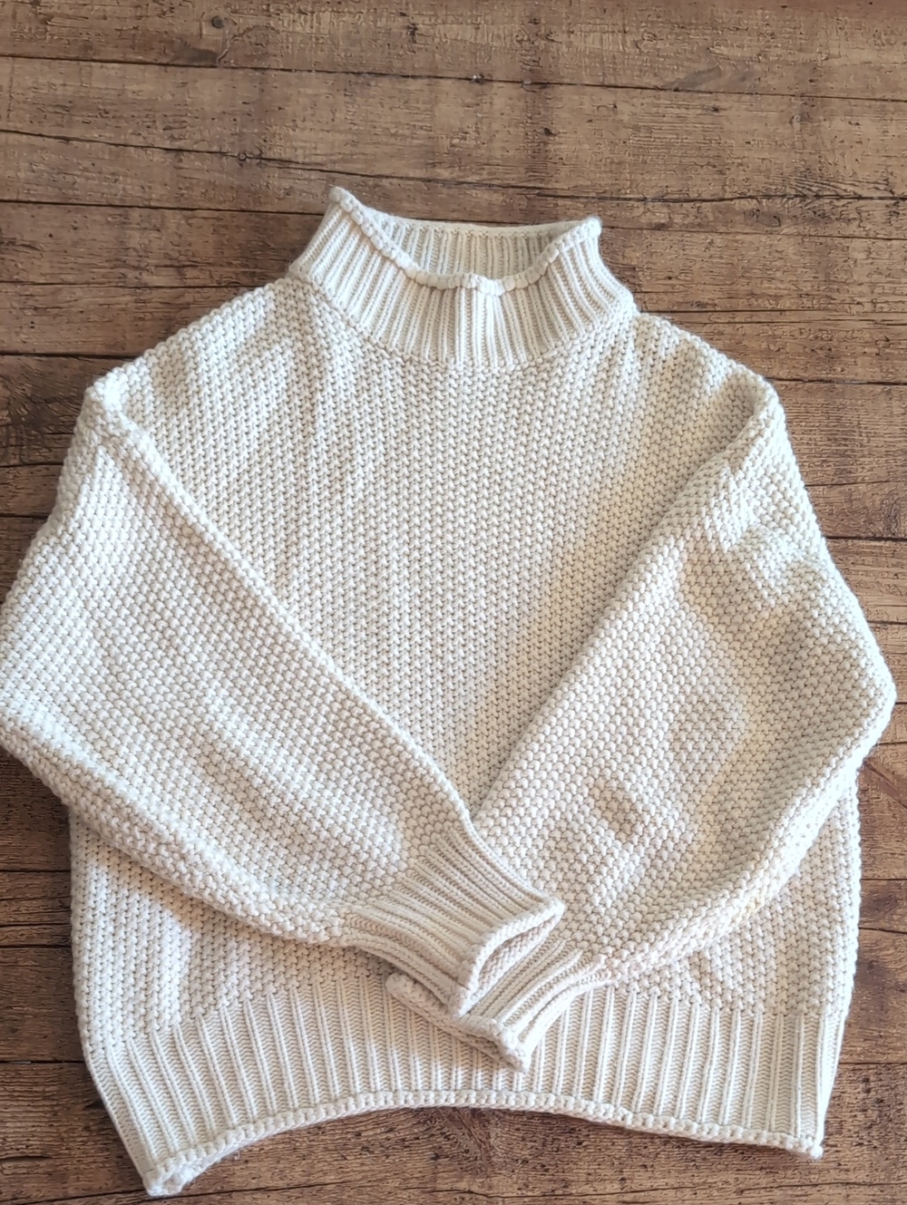 Large Cream Turtleneck Knit Sweater With Mock Turtleneck
